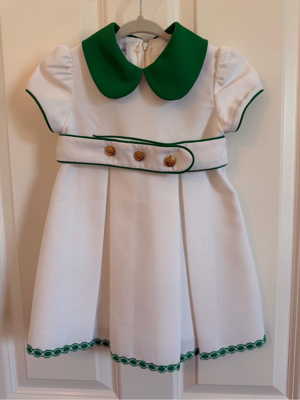 Oris White Dress with Green Peter Pan Collar and Trim